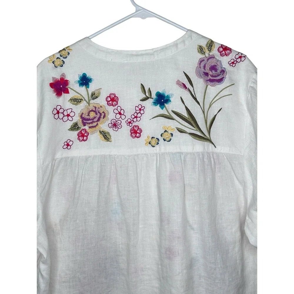 Johnny Was XL Jessi Shirred Yoke Blouse White Linen Embroidered Button Up Top - Picture 12 of 14